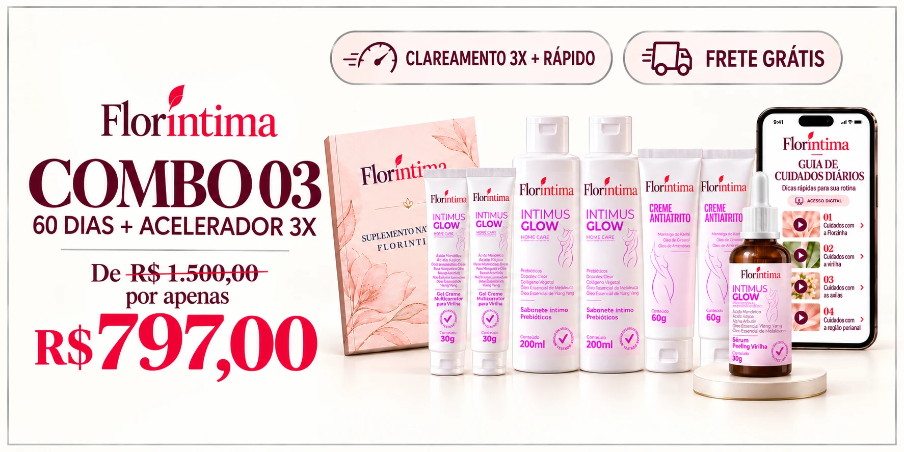 Combo 03 — 60 dias mais acelerador 3x, de R$1.500,00 por R$797,00, clareamento 3x mais rápido, frete grátis